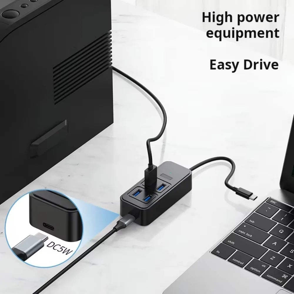USB-C to 4-Port USB 3.0 Hub with DC 5V Power Supply 5Gbps High Speed Data Transfer Plug And Play Docking Station for Laptop